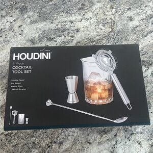 HOUDINI 4 pc BAR SET, DOUBLE JIGGER, BAR SPOON, MIXING GLASS & COCKTAIL STRAINER